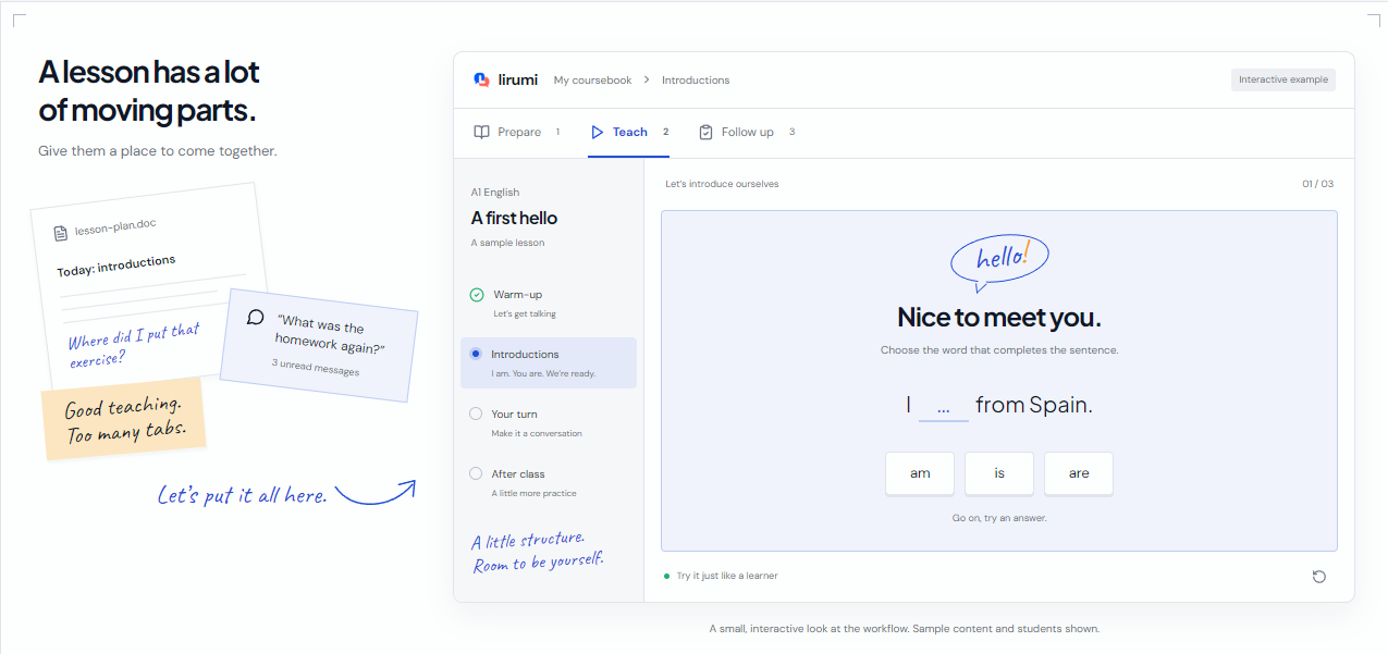 Lirumi’s teaching workspace with a sample introductory lesson and interactive sentence exercise